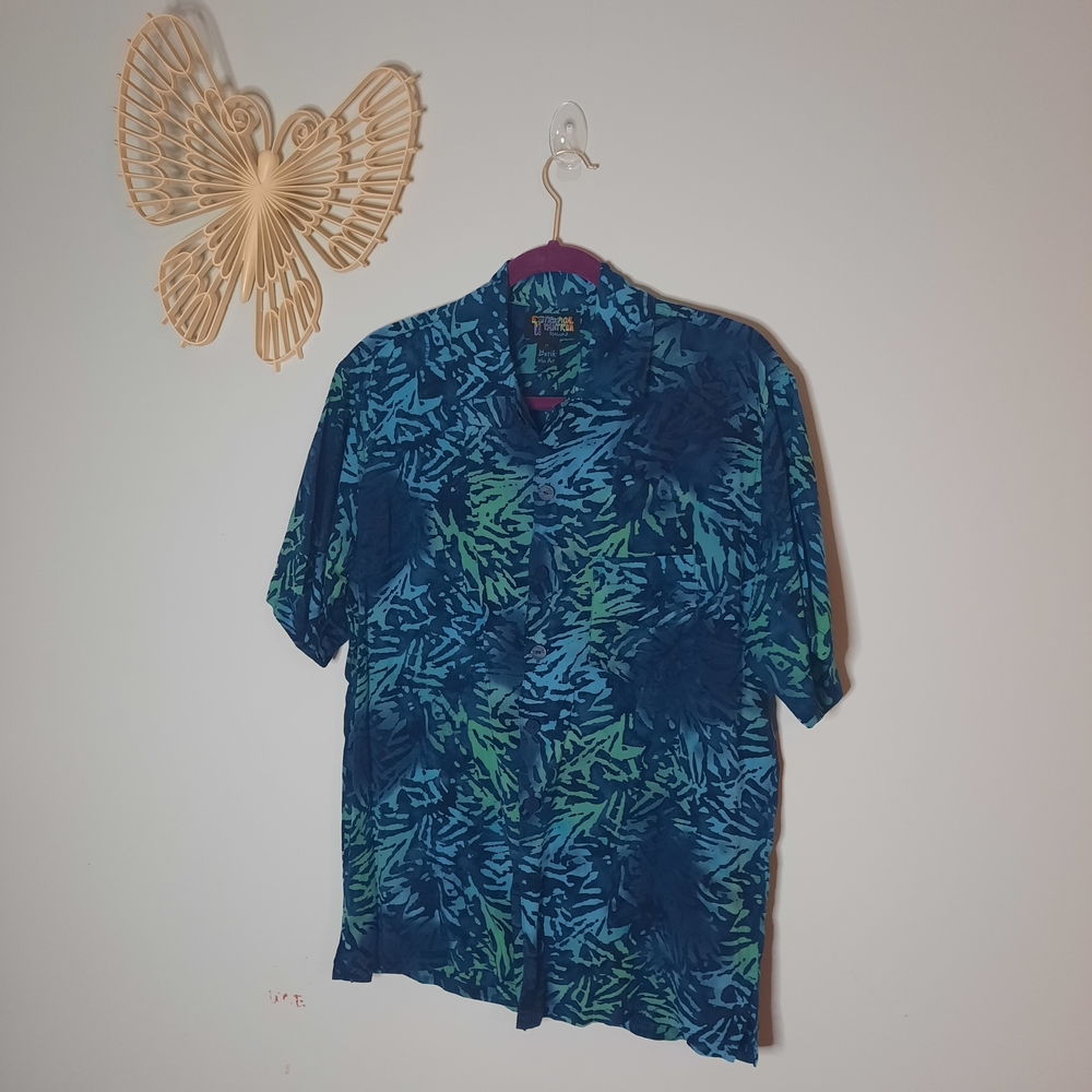 Tantrums Men's Shirt in Blue and Green Batik Style Button Down‎ Short Sleeve